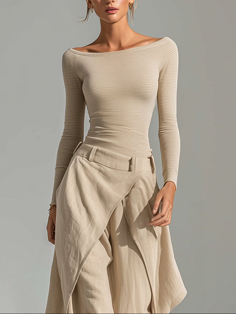 GIULIANA | Beige Boat Neck Top with Layered Wide-Leg Trousers Set