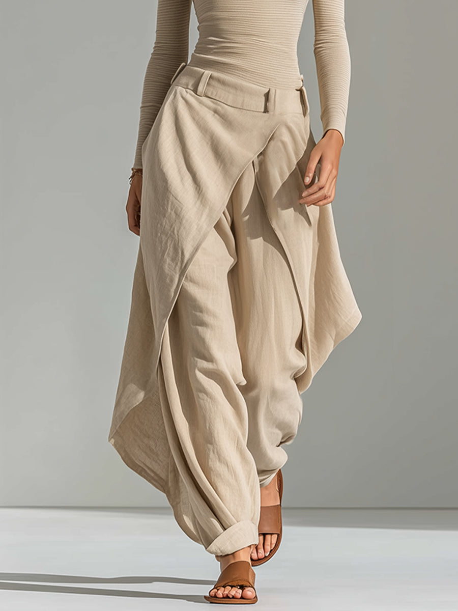 GIULIANA | Beige Boat Neck Top with Layered Wide-Leg Trousers Set
