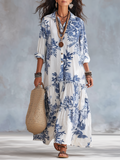 Boho Chic Blue Floral Maxi Dress with Button Details