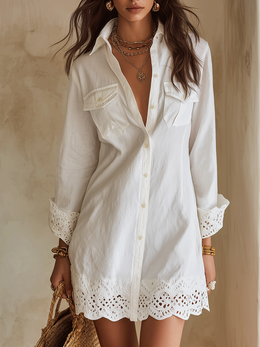 Bohemian White Mini Dress with Eyelet Hem for Resort Wear