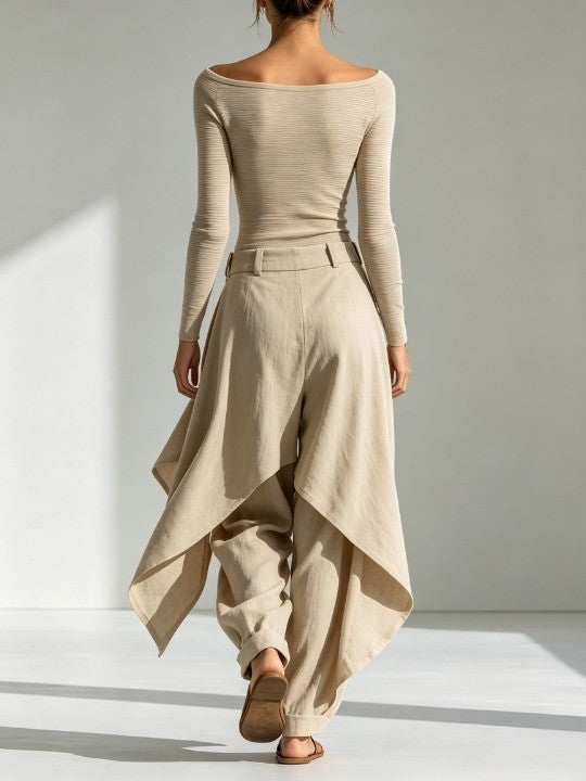 GIULIANA | Beige Boat Neck Top with Layered Wide-Leg Trousers Set