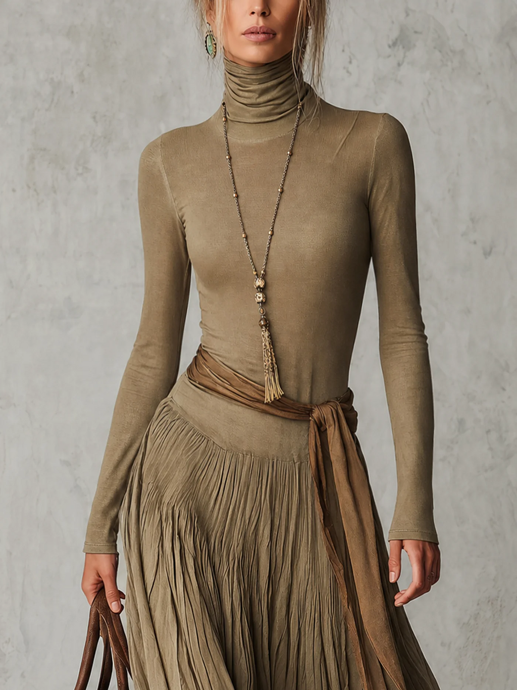 JÚLIA | Sophisticated High Neck Long Sleeve Pleated Maxi Dress with Waist Tie
