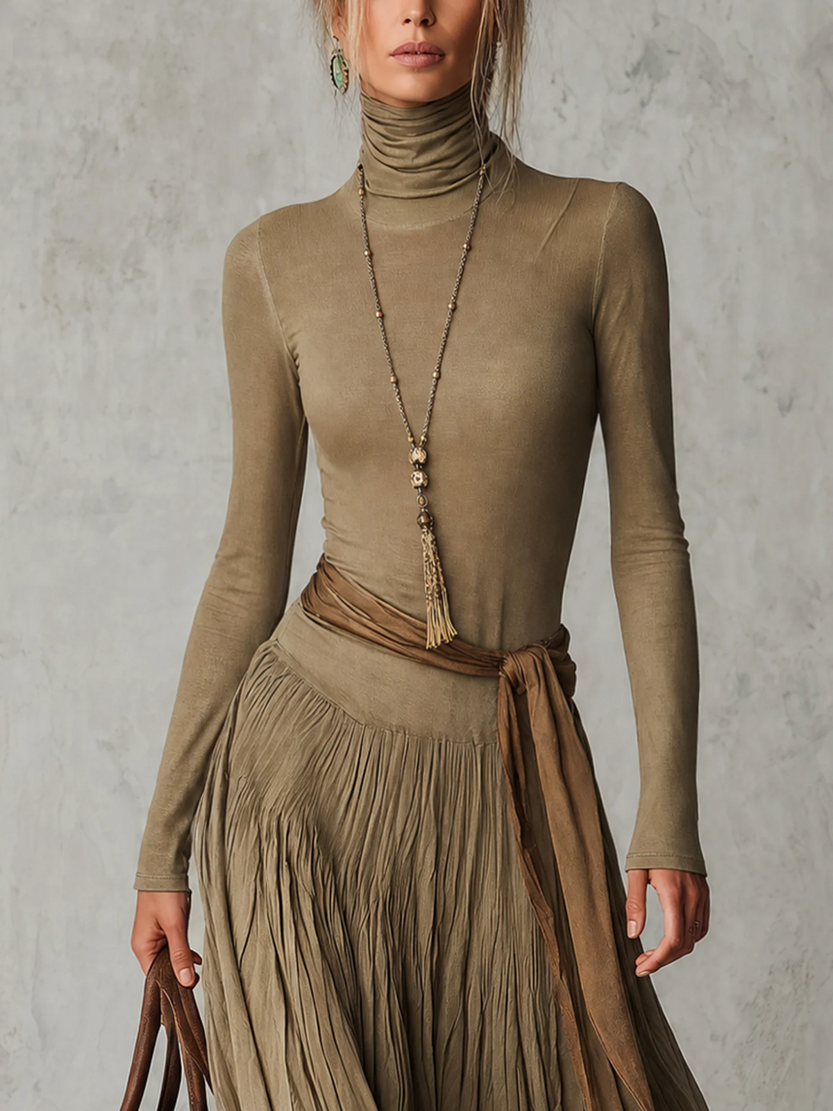 JÚLIA | Sophisticated High Neck Long Sleeve Pleated Maxi Dress with Waist Tie