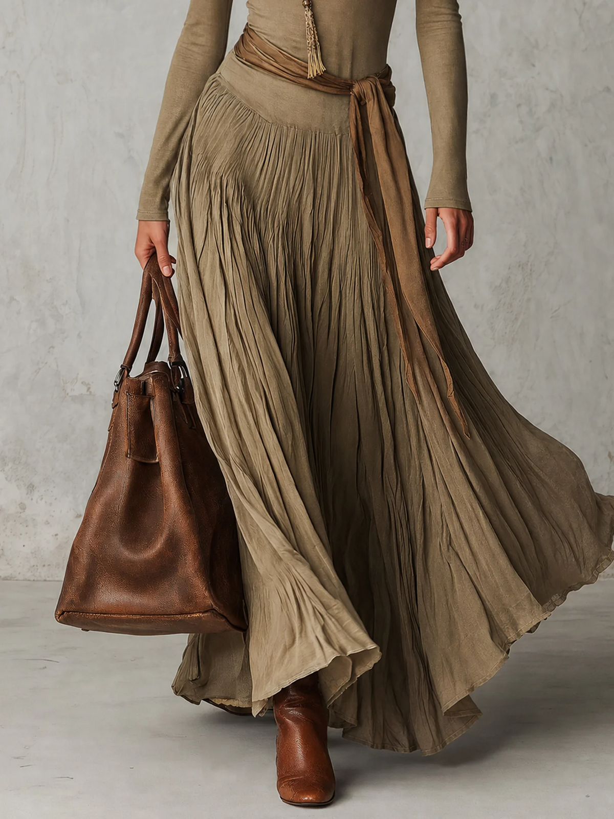 JÚLIA | Sophisticated High Neck Long Sleeve Pleated Maxi Dress with Waist Tie