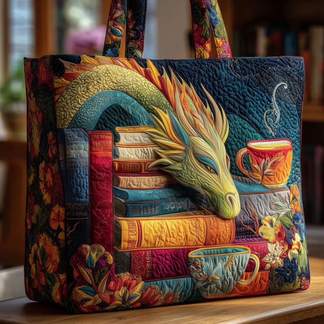 Quilted Dragon, Books and Mugs Bag – Roomy and Original