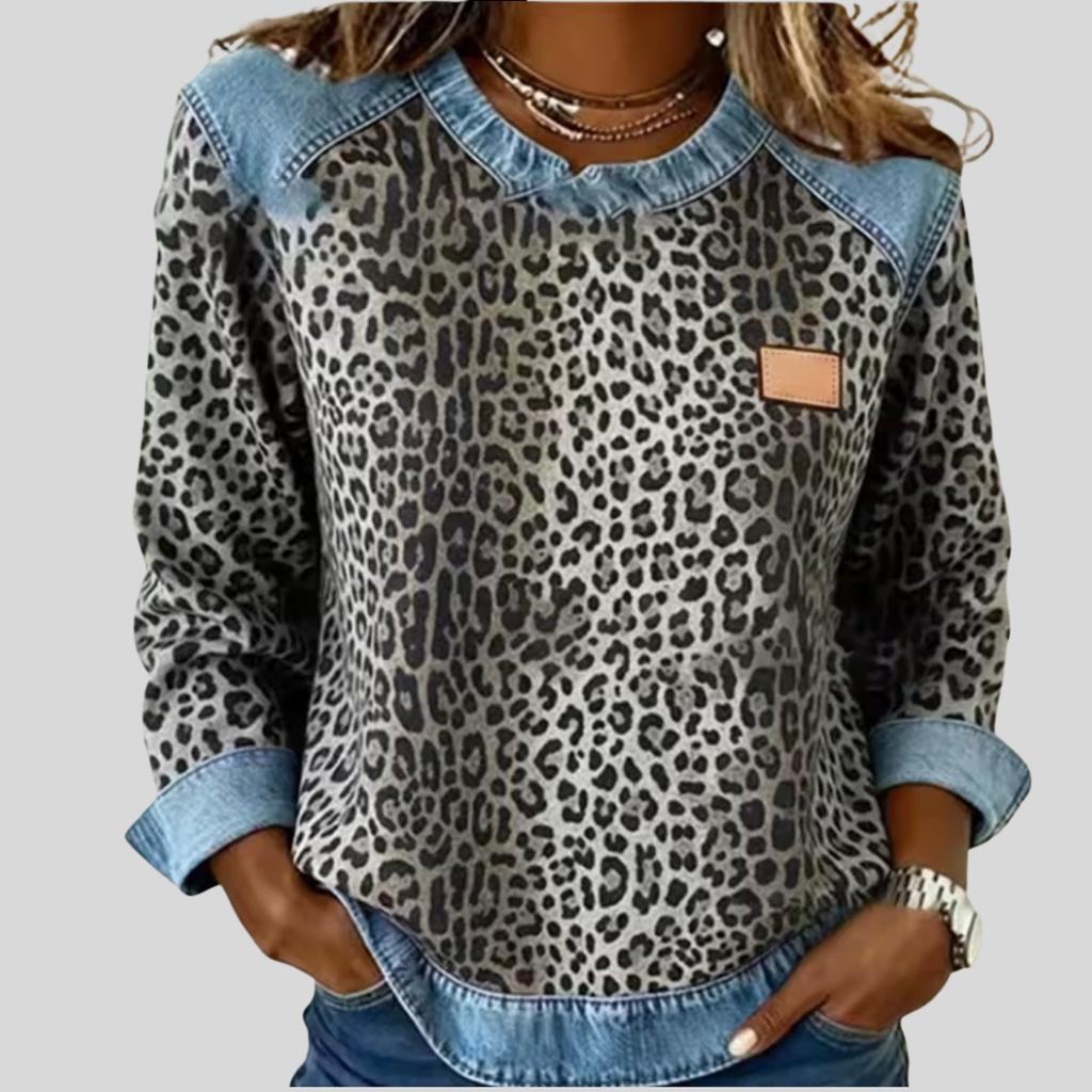 Hollyn | Leopard Print Sweater Featuring Denim Collar