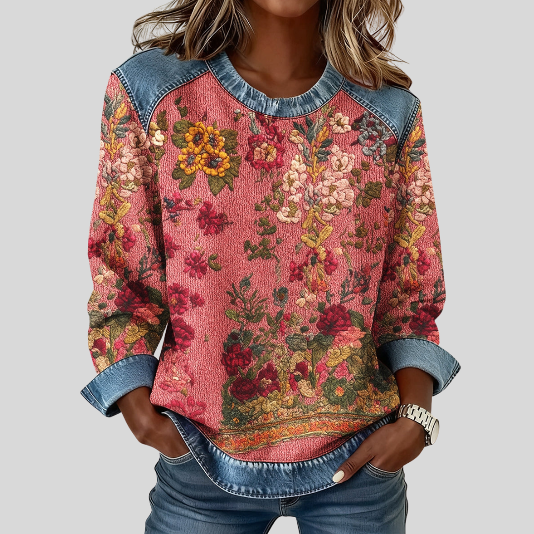 Orabelle | Denim-Trimmed Floral Sweatshirt