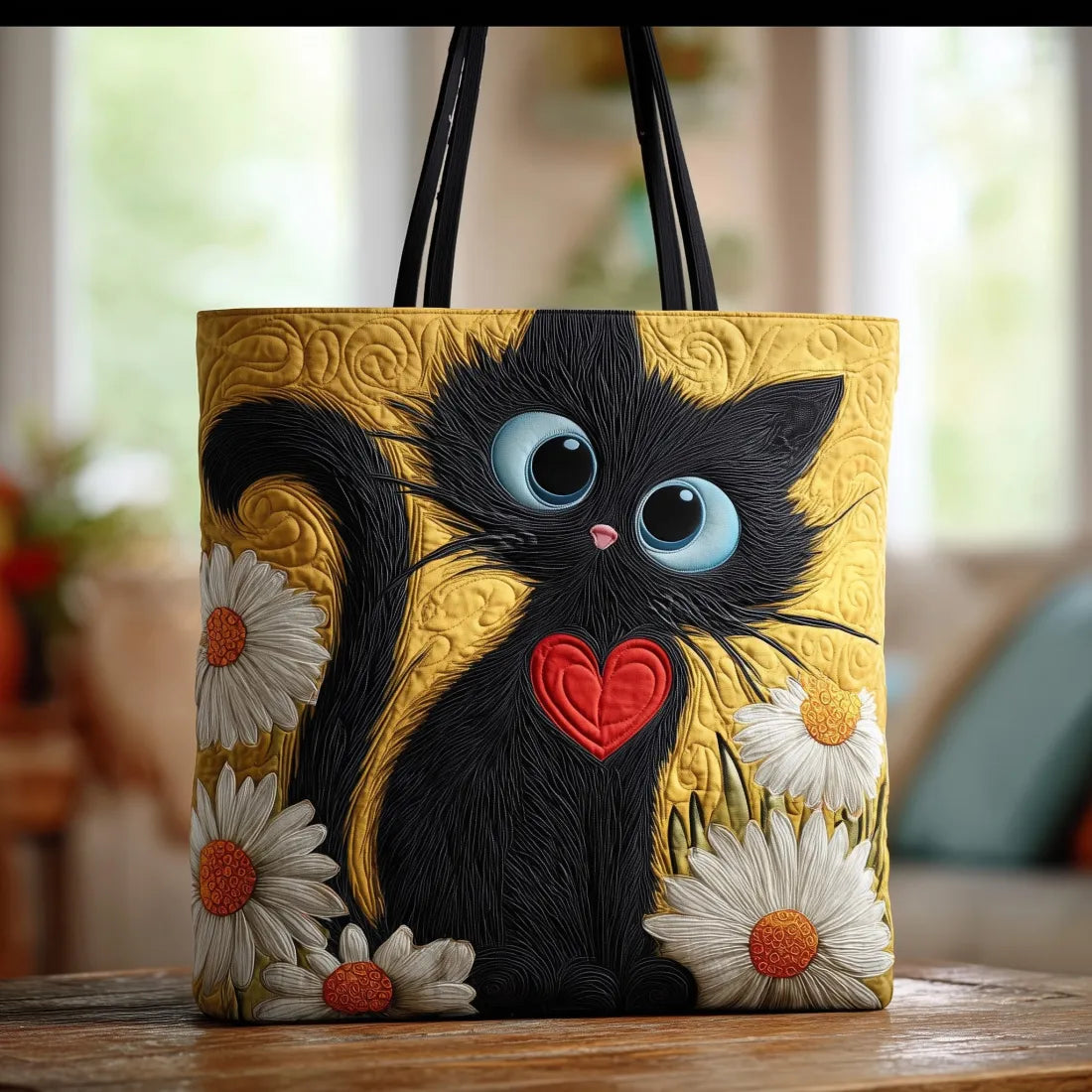 Handcrafted Black Cat and Daisy Bag – Gift Idea