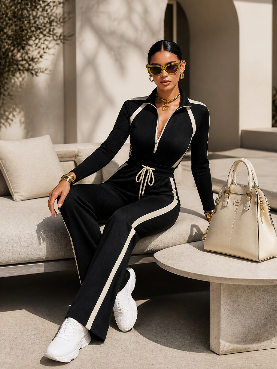 MONICA | Black Zip-Up Tracksuit Set with White Contrast Stripes and Wide-Leg Drawstring Trousers