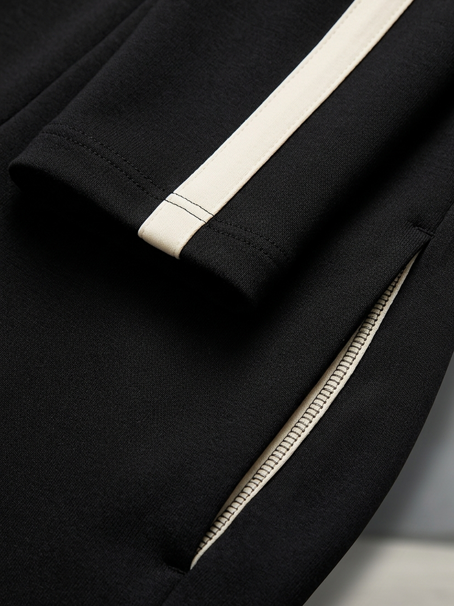 MONICA | Black Zip-Up Tracksuit Set with White Contrast Stripes and Wide-Leg Drawstring Trousers