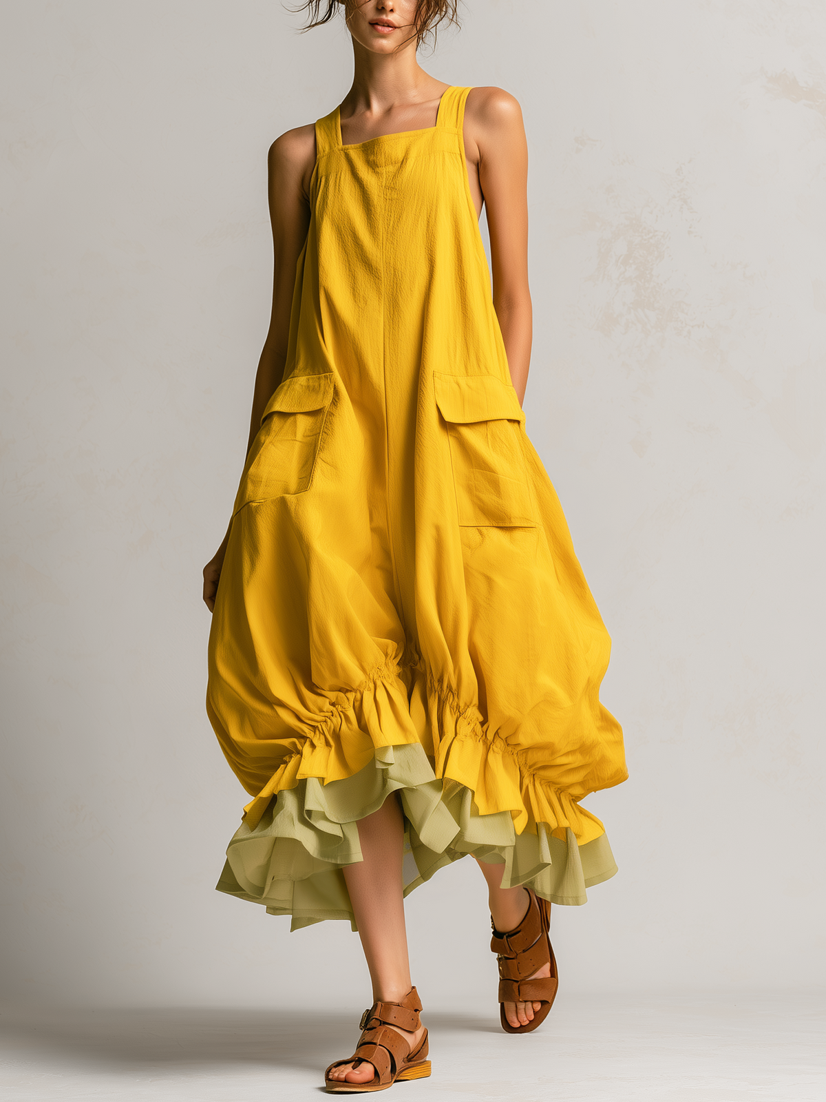 DANIELA | Sleeveless Midi Balloon Dress Featuring Spacious Pockets, Layered Design, and Ruffled Hem