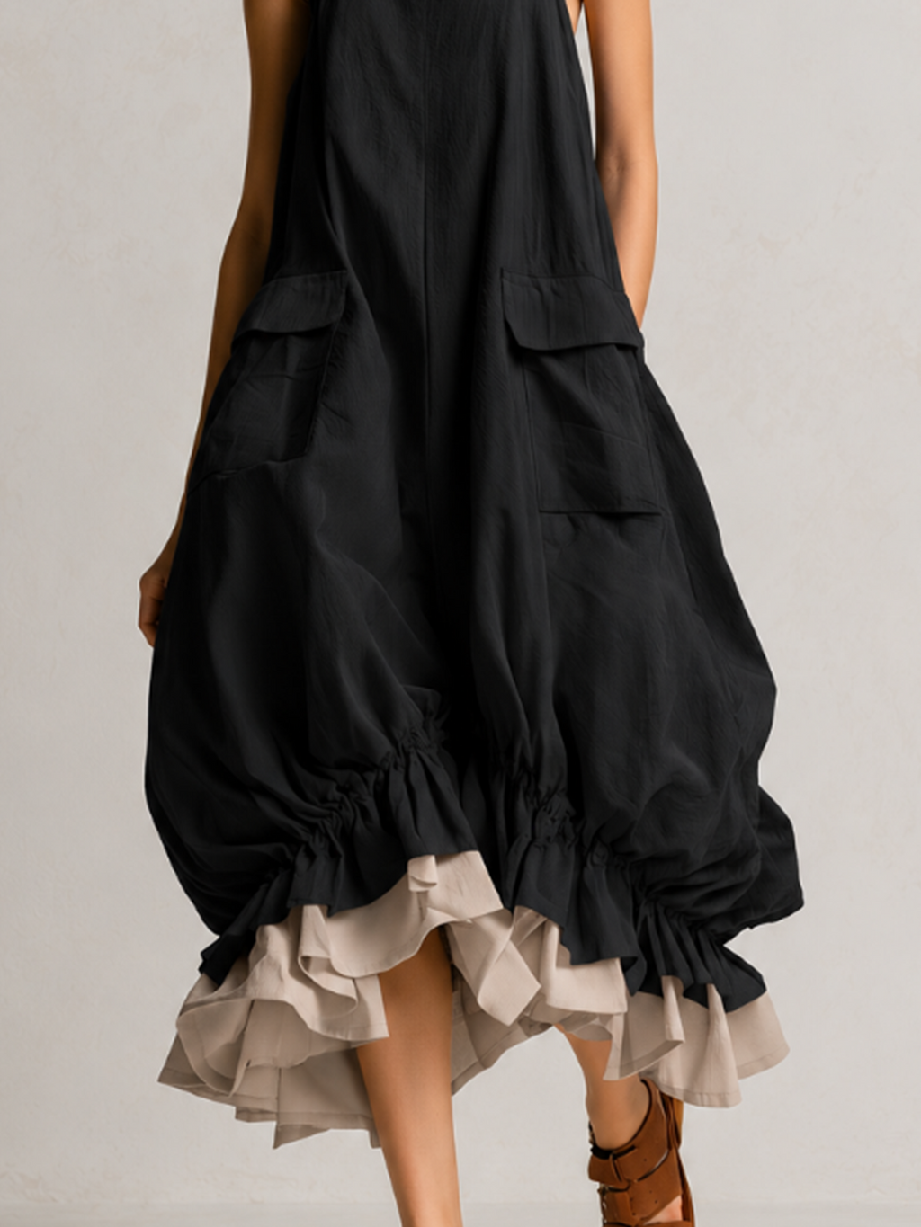 DANIELA | Sleeveless Midi Balloon Dress Featuring Spacious Pockets, Layered Design, and Ruffled Hem