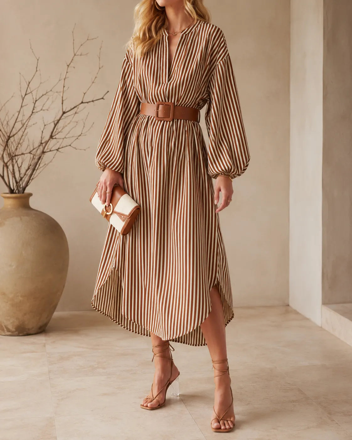 Sienna | Striped Midi Shirt Dress with Belt