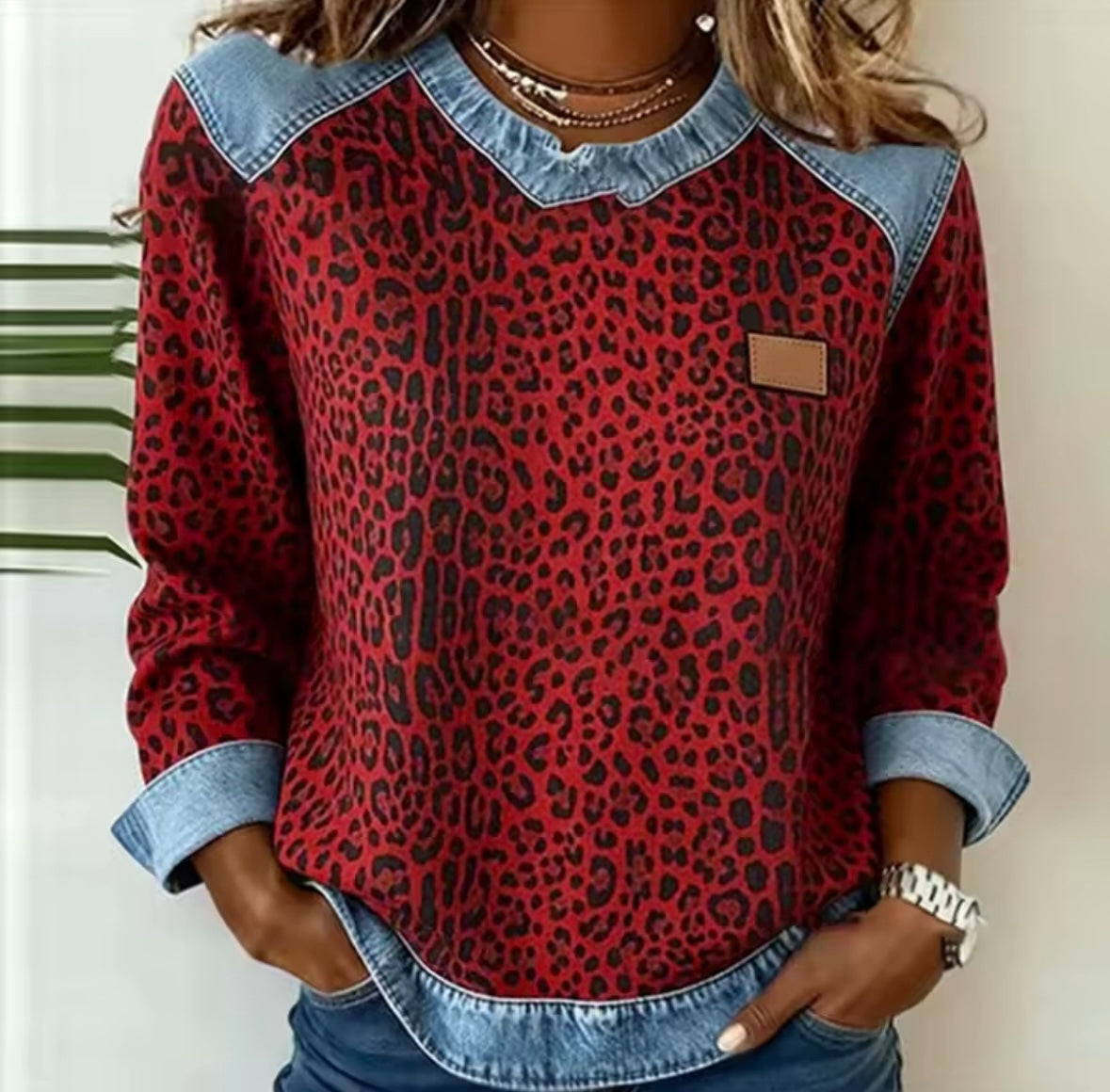 Hollyn | Leopard Print Sweater Featuring Denim Collar