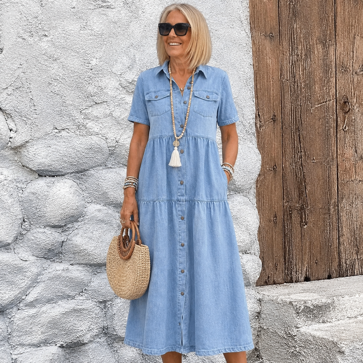 Elizabeth™ - Denim Print Midi Dress