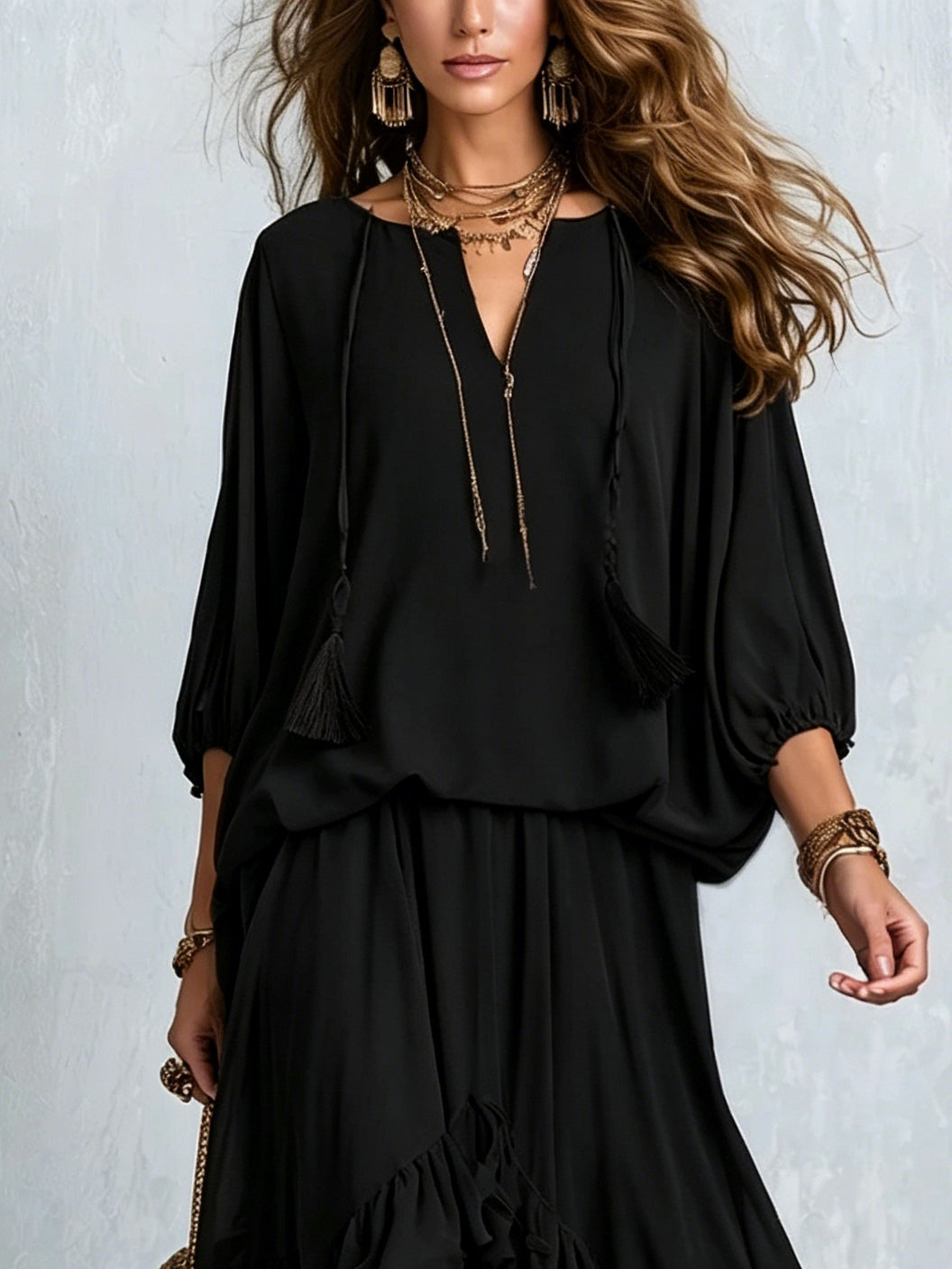 ELVIRA | Black V-Neck Top with Fringes and Layered Ruffle Skirt Set