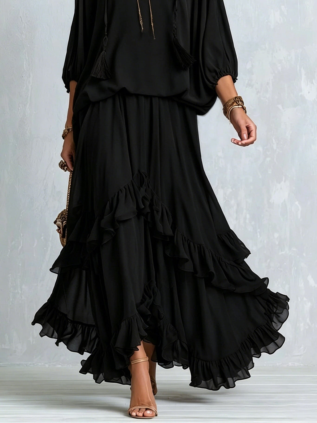 ELVIRA | Black V-Neck Top with Fringes and Layered Ruffle Skirt Set