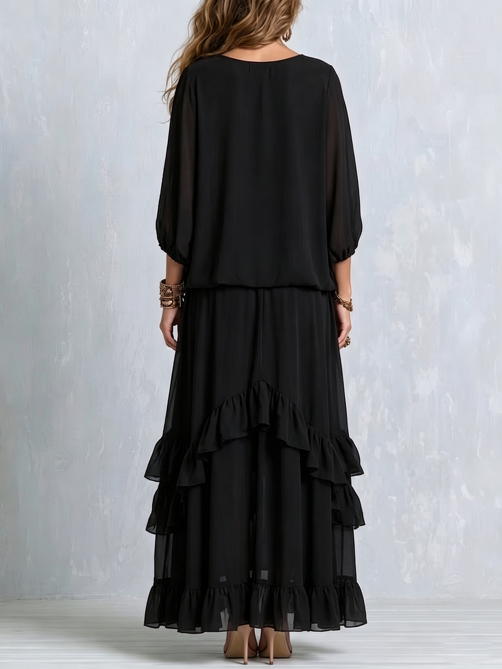 ELVIRA | Black V-Neck Top with Fringes and Layered Ruffle Skirt Set