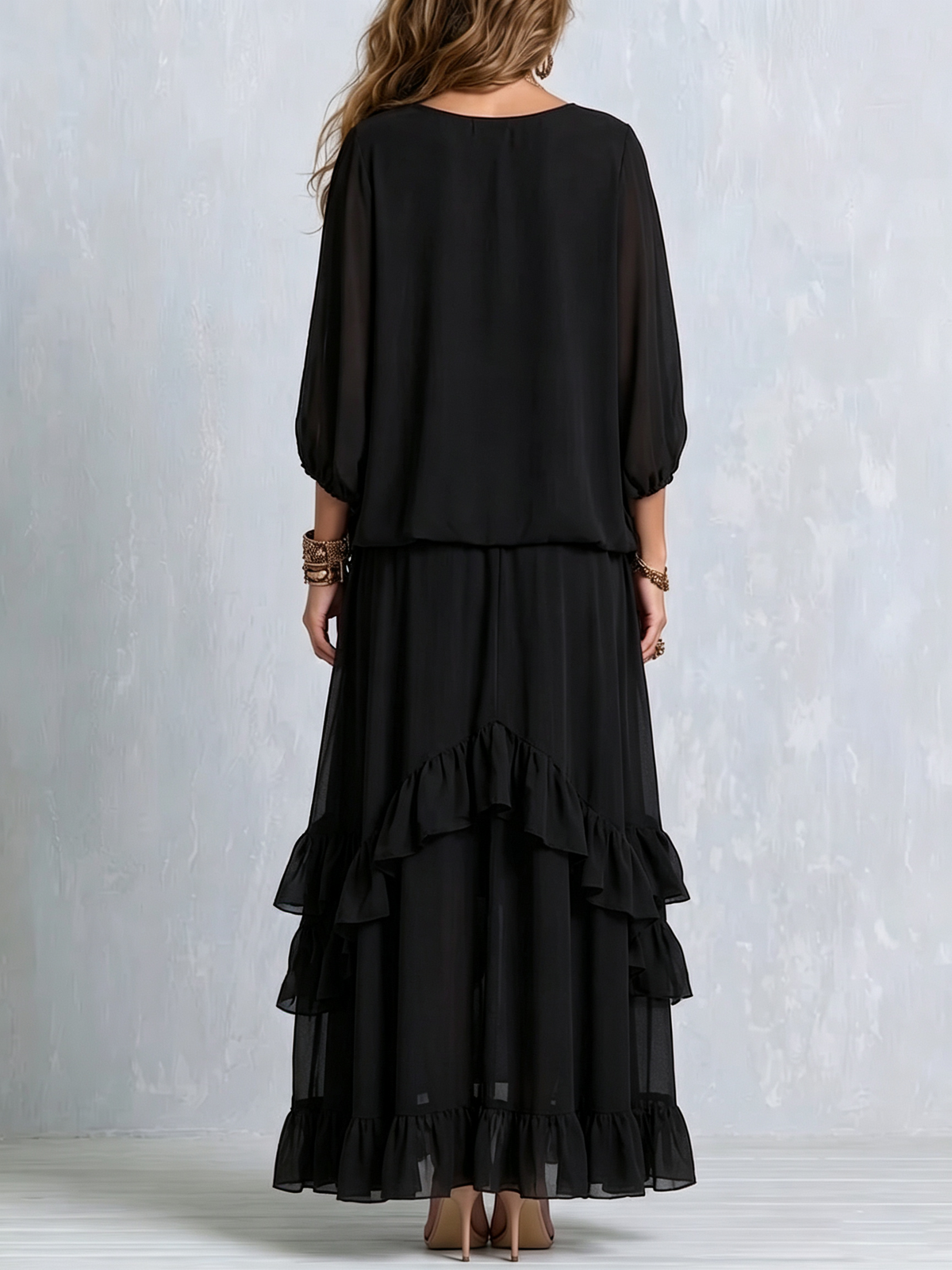ELVIRA | Black V-Neck Top with Fringes and Layered Ruffle Skirt Set