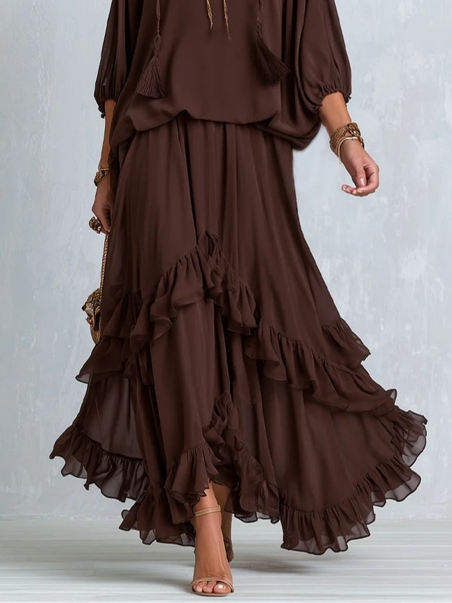 MANUELA | Brown V-Neck Top with Fringes Paired with a Layered Ruffled Skirt
