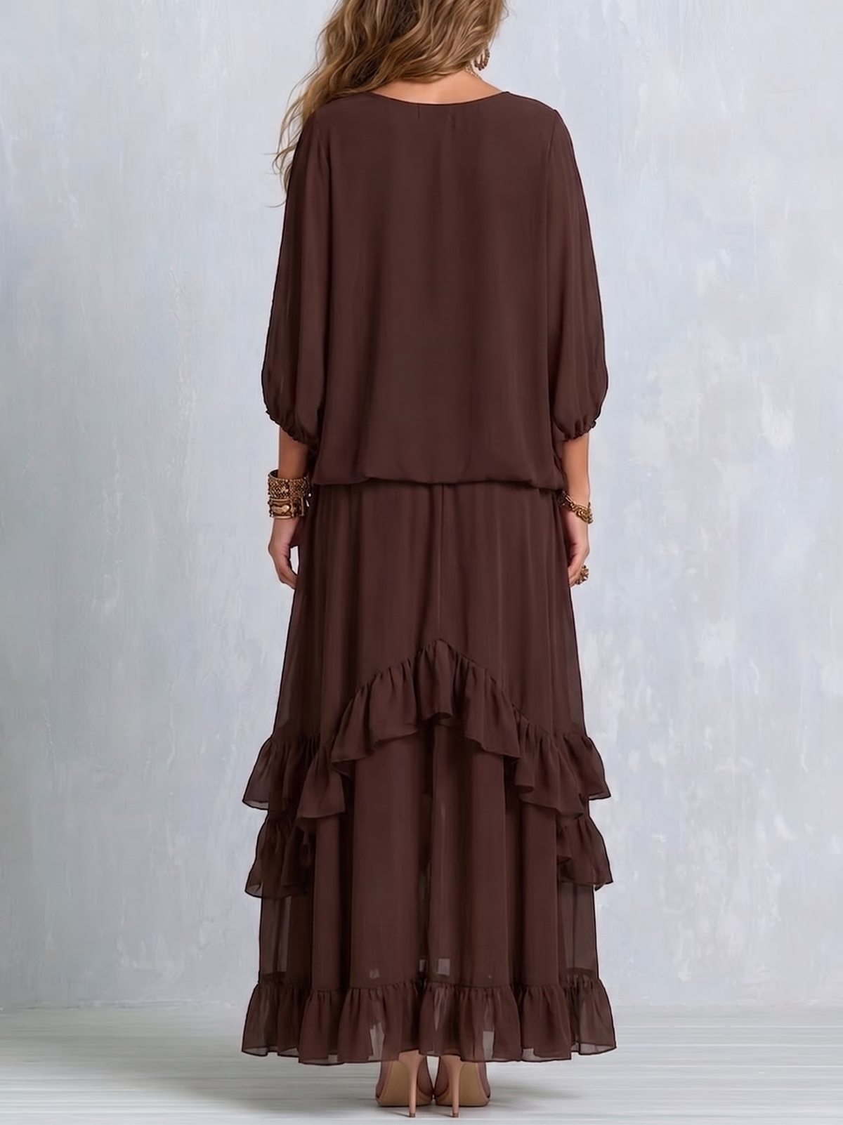 MANUELA | Brown V-Neck Top with Fringes Paired with a Layered Ruffled Skirt