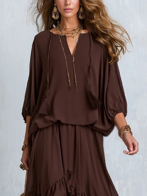 MANUELA | Brown V-Neck Top with Fringes Paired with a Layered Ruffled Skirt