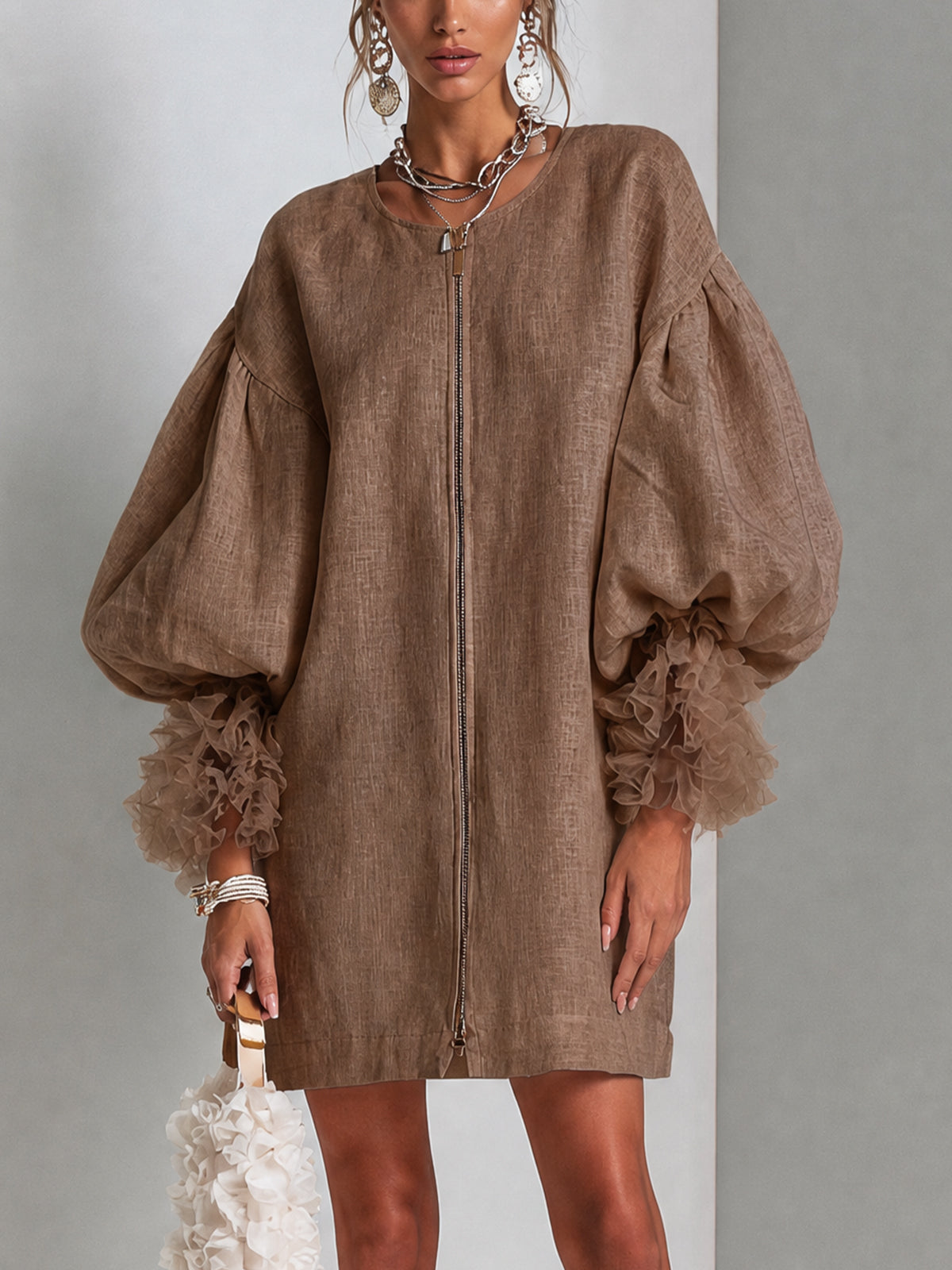 Rebecca | Zip-Front Balloon-Sleeve Mini Dress
