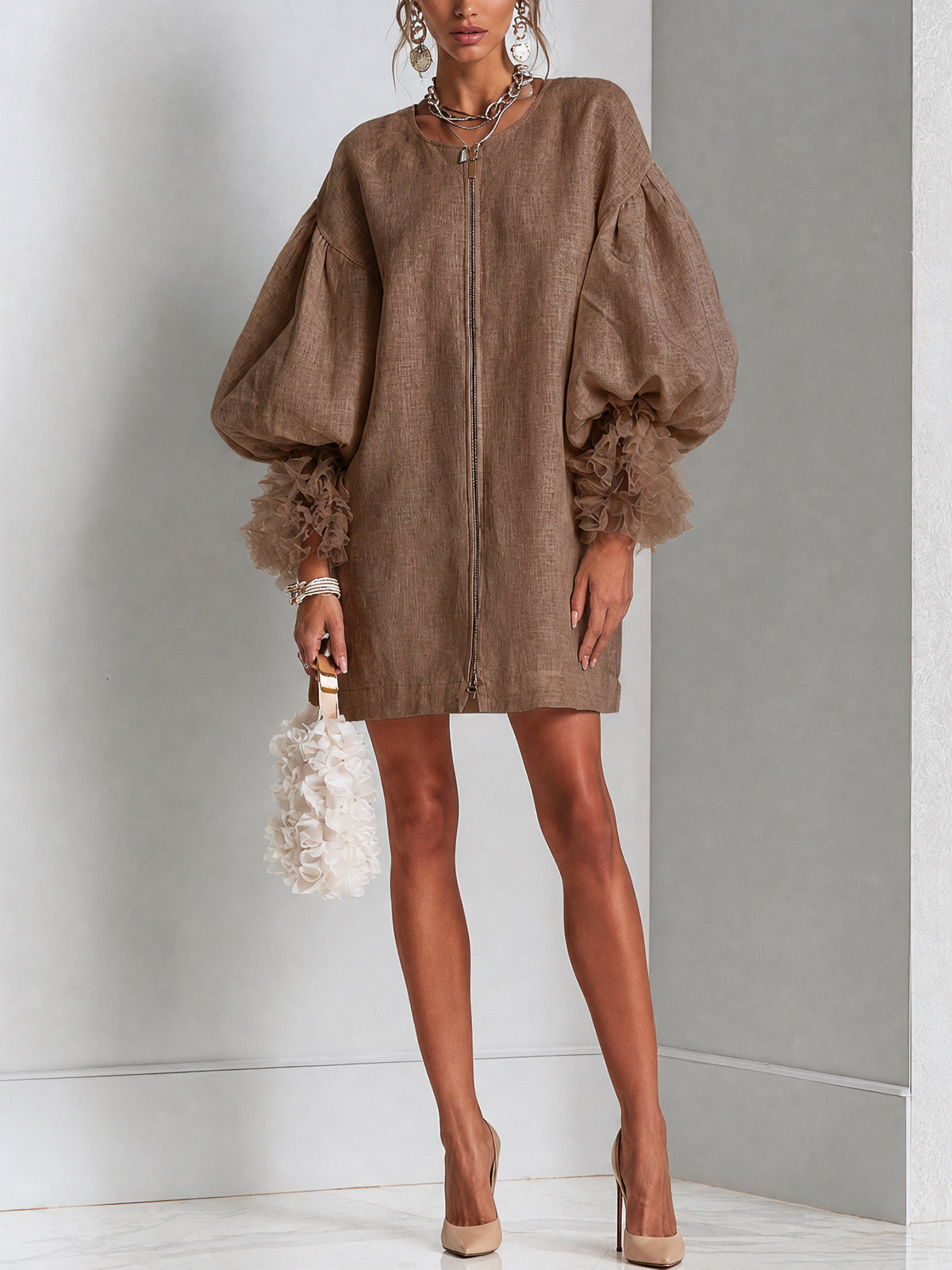 Rebecca | Zip-Front Balloon-Sleeve Mini Dress