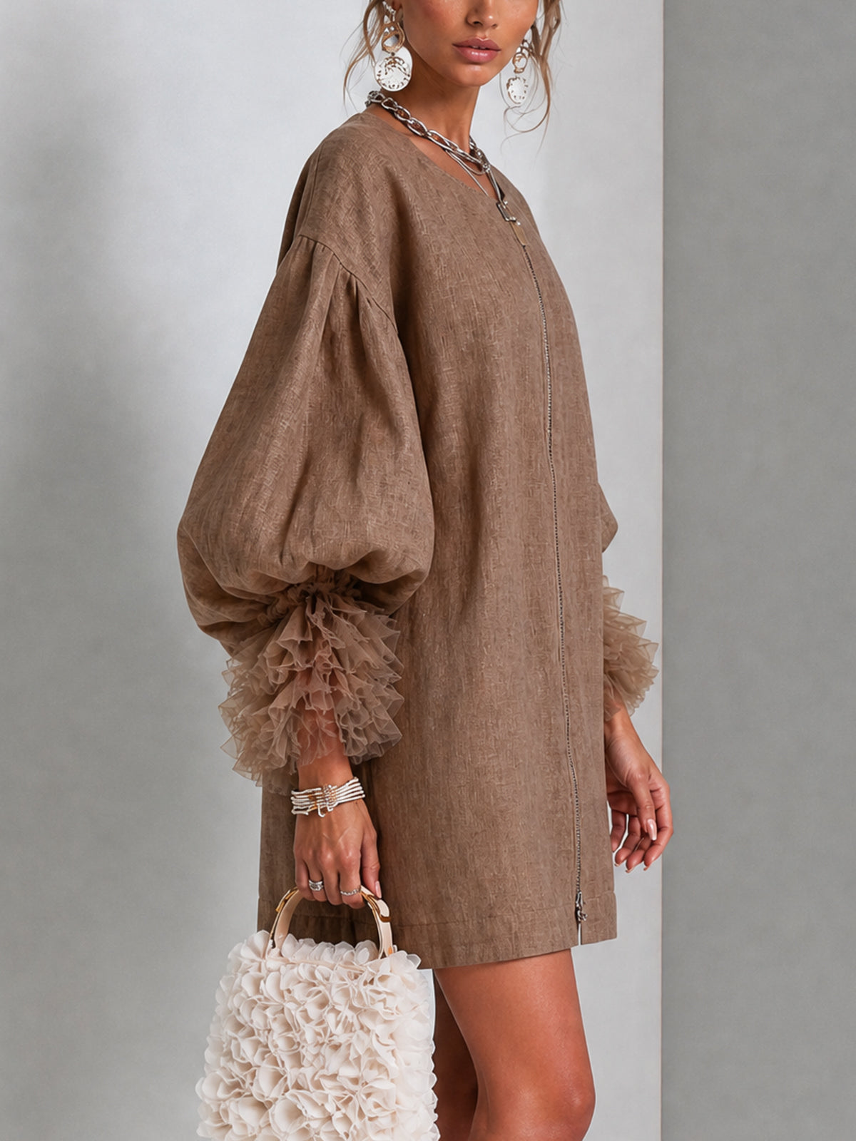 Rebecca | Zip-Front Balloon-Sleeve Mini Dress