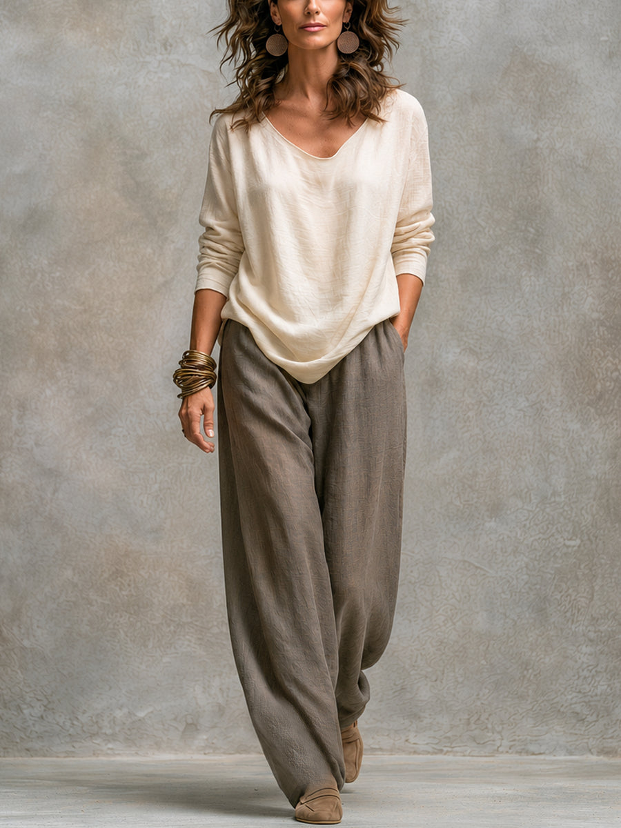 COSTANZA | Elegant Three-Piece Set in Beige and Grey with Casual Layered Style and Palazzo Trousers