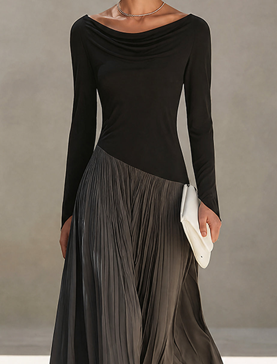 MARINA | Black & Grey Two-Tone Draped Neck Pleated Maxi Dress