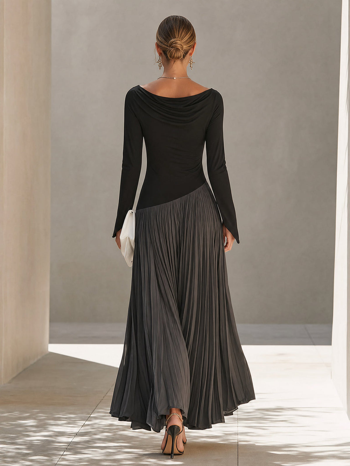 MARINA | Black & Grey Two-Tone Draped Neck Pleated Maxi Dress
