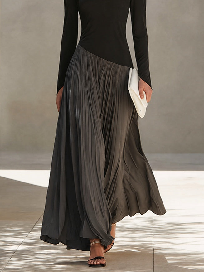 MARINA | Black & Grey Two-Tone Draped Neck Pleated Maxi Dress