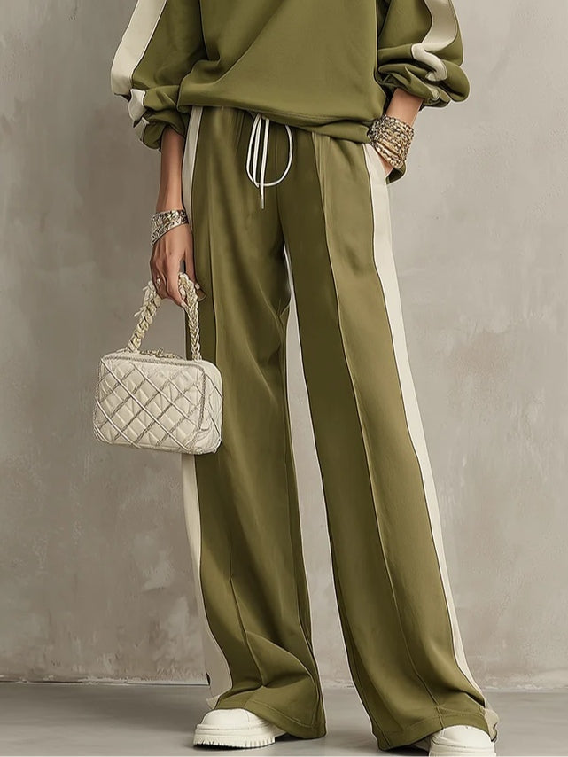 SONIA | Olive Green Casual Sweatshirt with Round Neck & Drawstring Wide Trousers