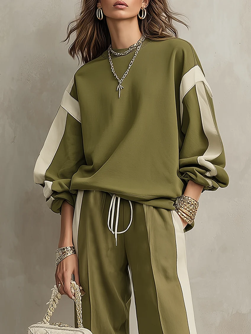 SONIA | Olive Green Casual Sweatshirt with Round Neck & Drawstring Wide Trousers