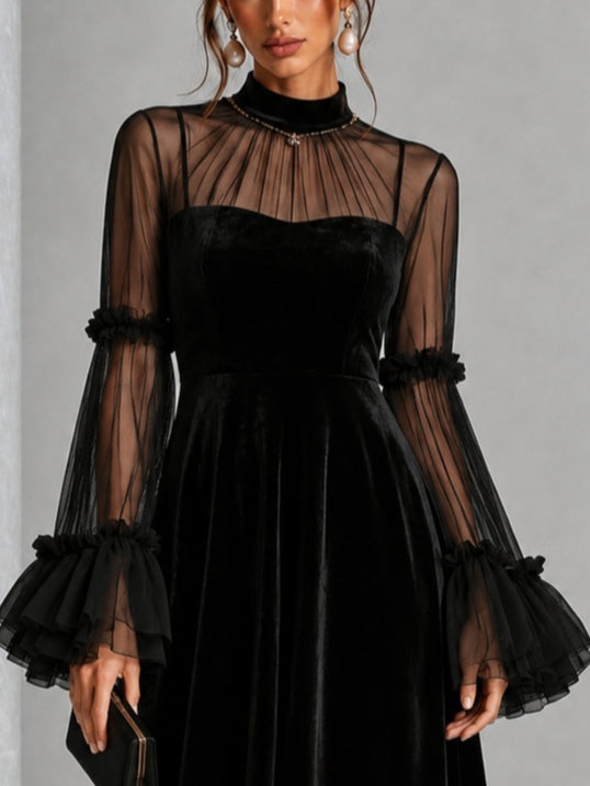STEFANIA | Black Midi Dress Featuring Sheer Accents