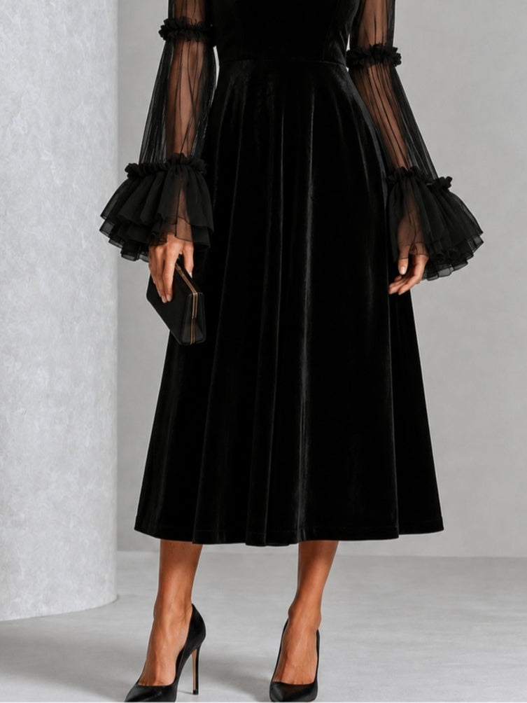 STEFANIA | Black Midi Dress Featuring Sheer Accents