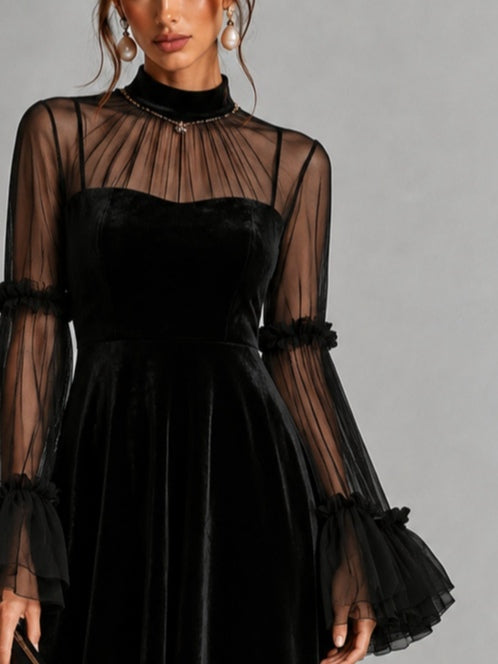 STEFANIA | Black Midi Dress Featuring Sheer Accents