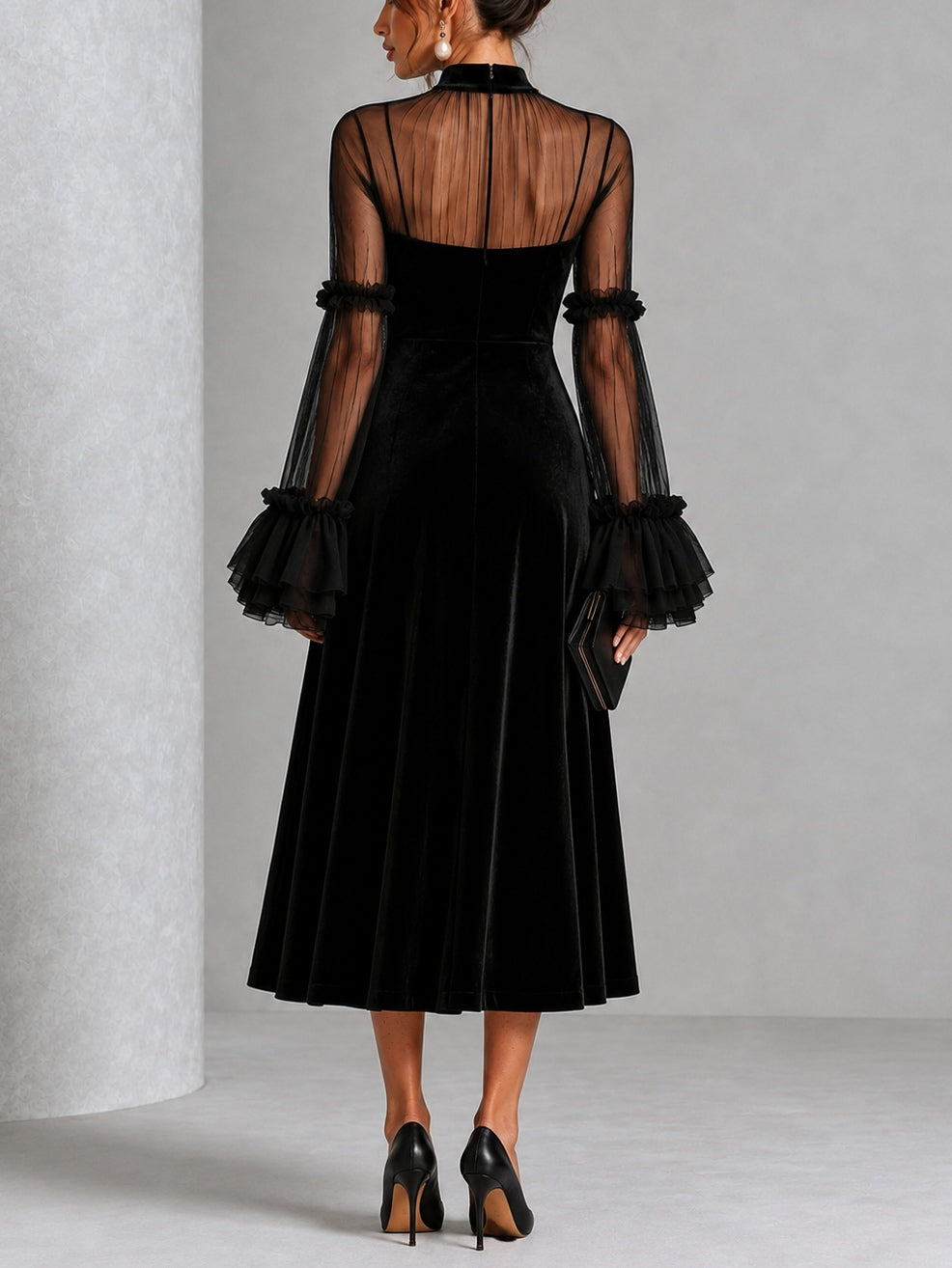 STEFANIA | Black Midi Dress Featuring Sheer Accents