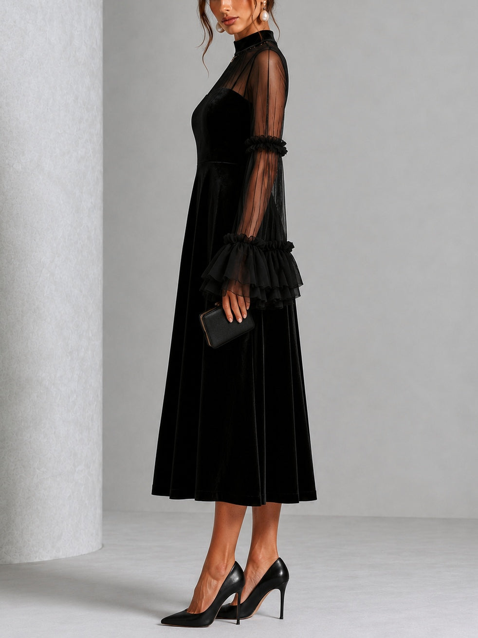 STEFANIA | Black Midi Dress Featuring Sheer Accents