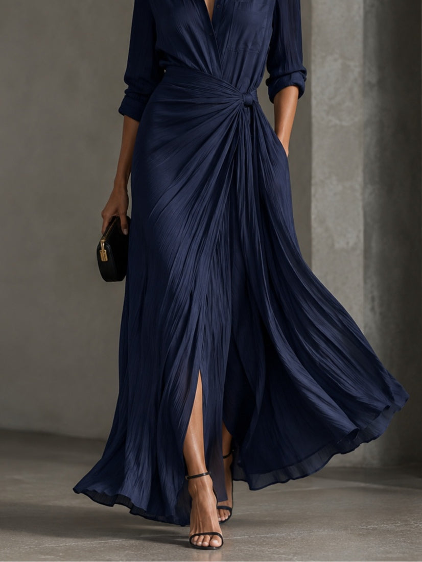 GABRIELLA | Chic Navy Blue Maxi Shirt Dress with Belt