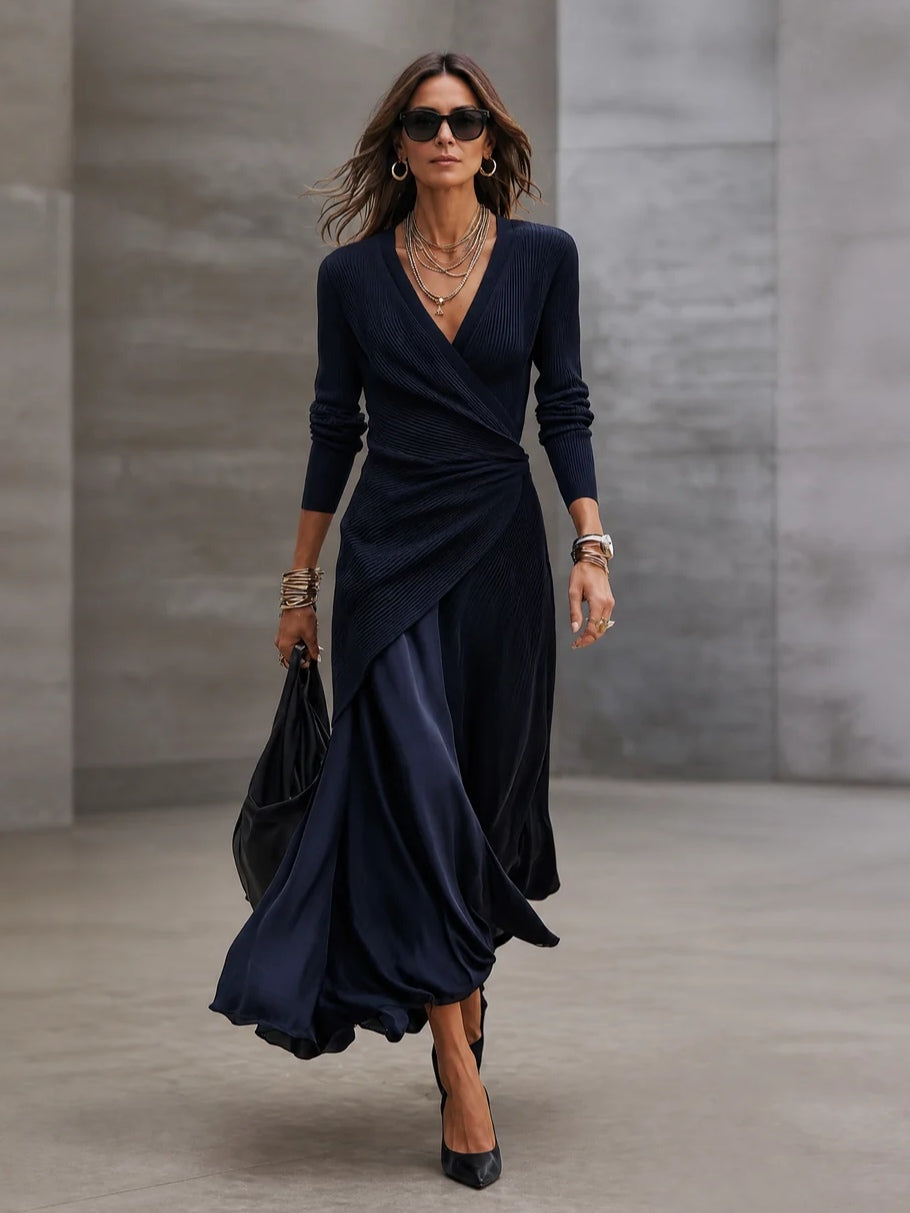 LOREDANA | V-Neck Asymmetrical Maxi Dress Featuring Navy Panels