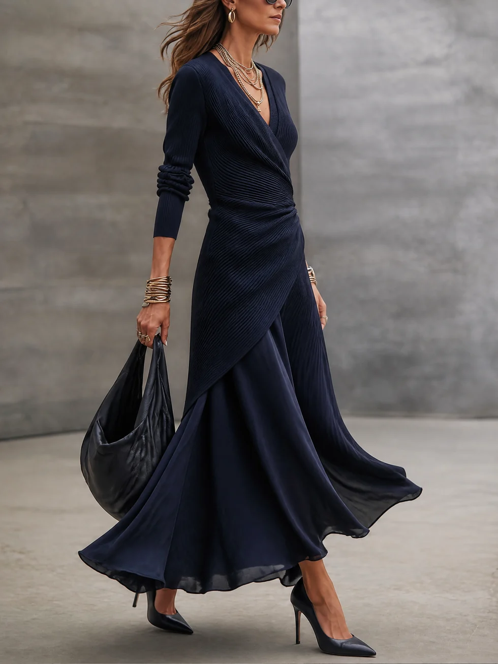 LOREDANA | V-Neck Asymmetrical Maxi Dress Featuring Navy Panels