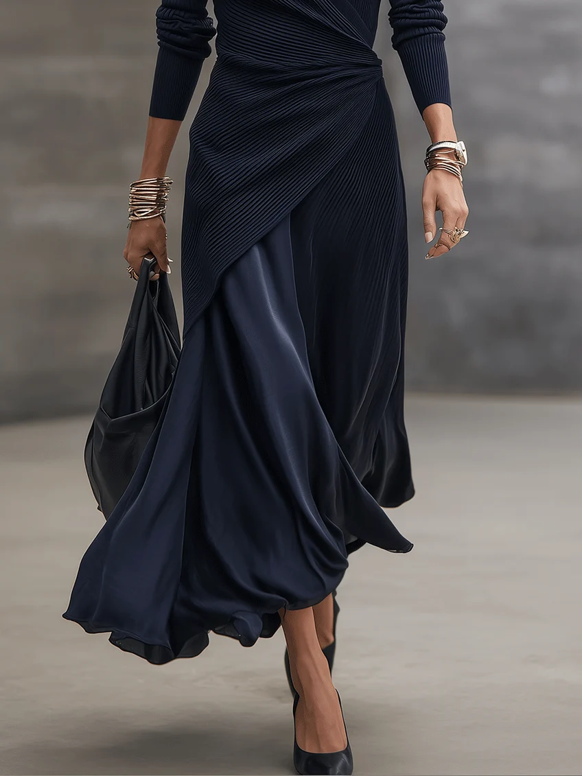 LOREDANA | V-Neck Asymmetrical Maxi Dress Featuring Navy Panels