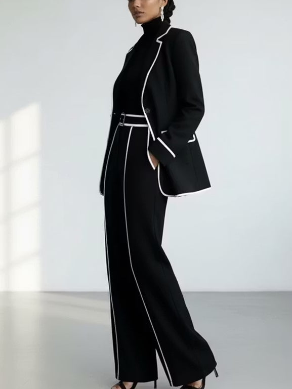 CLAUDIA | Black Two-Piece Blazer Set Featuring White Contrast Trim and Wide-Leg Pants