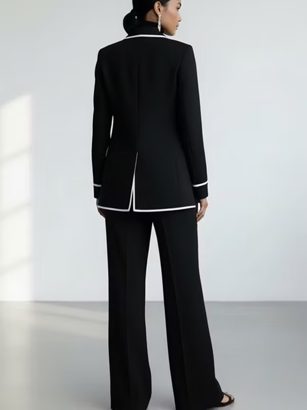 CLAUDIA | Black Two-Piece Blazer Set Featuring White Contrast Trim and Wide-Leg Pants