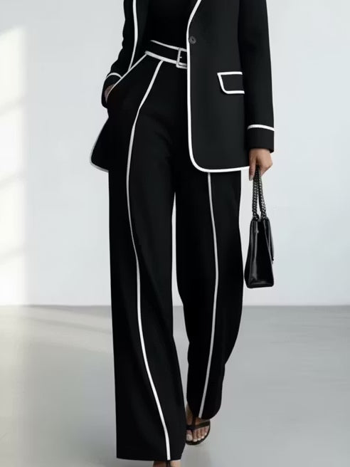 CLAUDIA | Black Two-Piece Blazer Set Featuring White Contrast Trim and Wide-Leg Pants