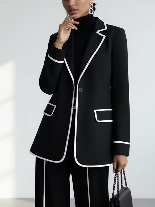 CLAUDIA | Black Two-Piece Blazer Set Featuring White Contrast Trim and Wide-Leg Pants