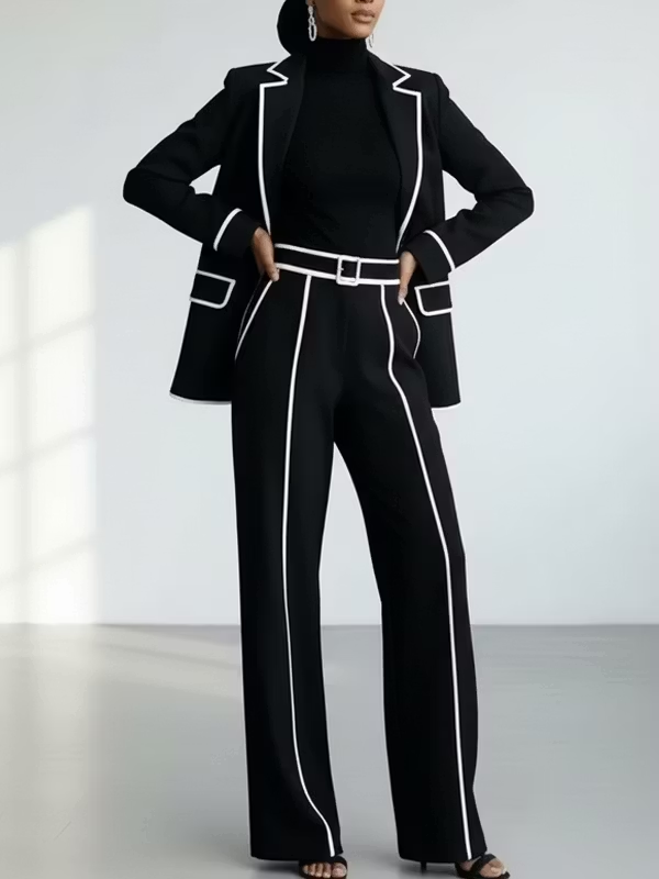 CLAUDIA | Black Two-Piece Blazer Set Featuring White Contrast Trim and Wide-Leg Pants