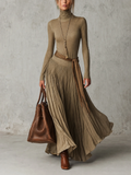 JÚLIA | Sophisticated High Neck Long Sleeve Pleated Maxi Dress with Waist Tie